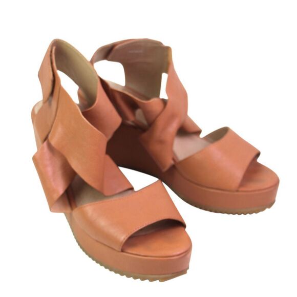 Eileen Fisher TAN BROWN REAL LEATHER PLATFORM OPEN TOE SANDALS SHOES Sz 8 1/2 - Picture 5 of 10